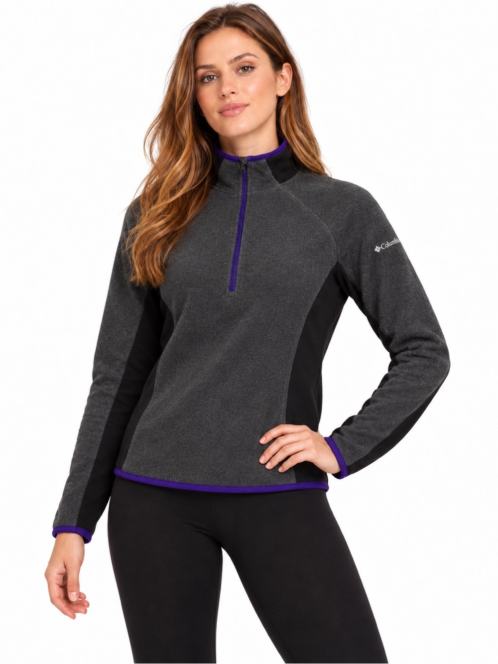 Columbia Womens S Gray Black Purple Colorblock Half Zip Fleece Hiking Pullover